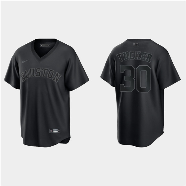 Men's Houston Astros #30 Kyle Tucker Black Pitch Black Fashion Replica Stitched Jersey Men's Houston Astros #30 Kyle Tucker Black Pitch Black Fashion Replica Stitched Jersey